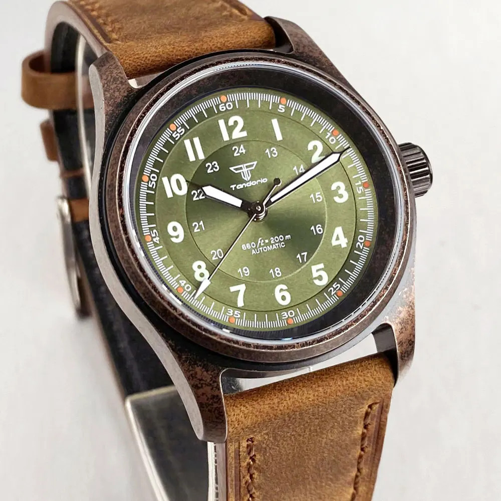 Tandorio 36mm Copper Plating Pilot Vintage Men Watches For Japan NH35 20ATM