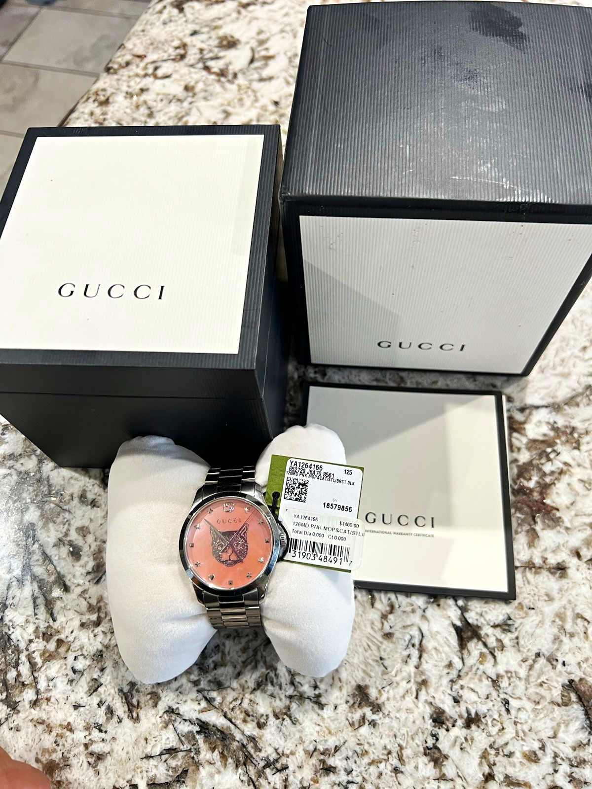 Gucci G-Timeless Pink Dial Cat Head SS Bracelet Quartz 38mm 50m Box Papers