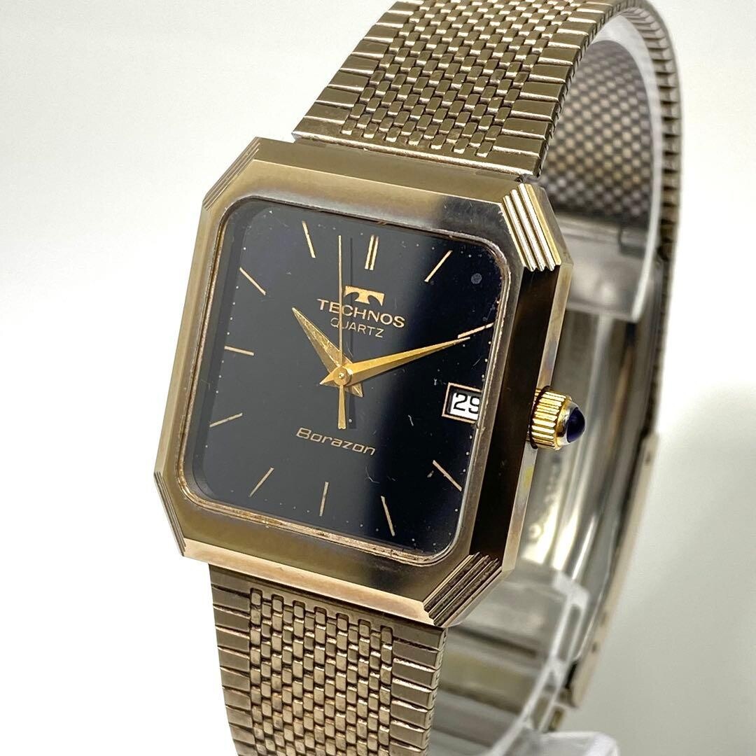 TECHNOS Wristwatch Borazon Quartz Date Display Gold Vintage Authentic From Japan