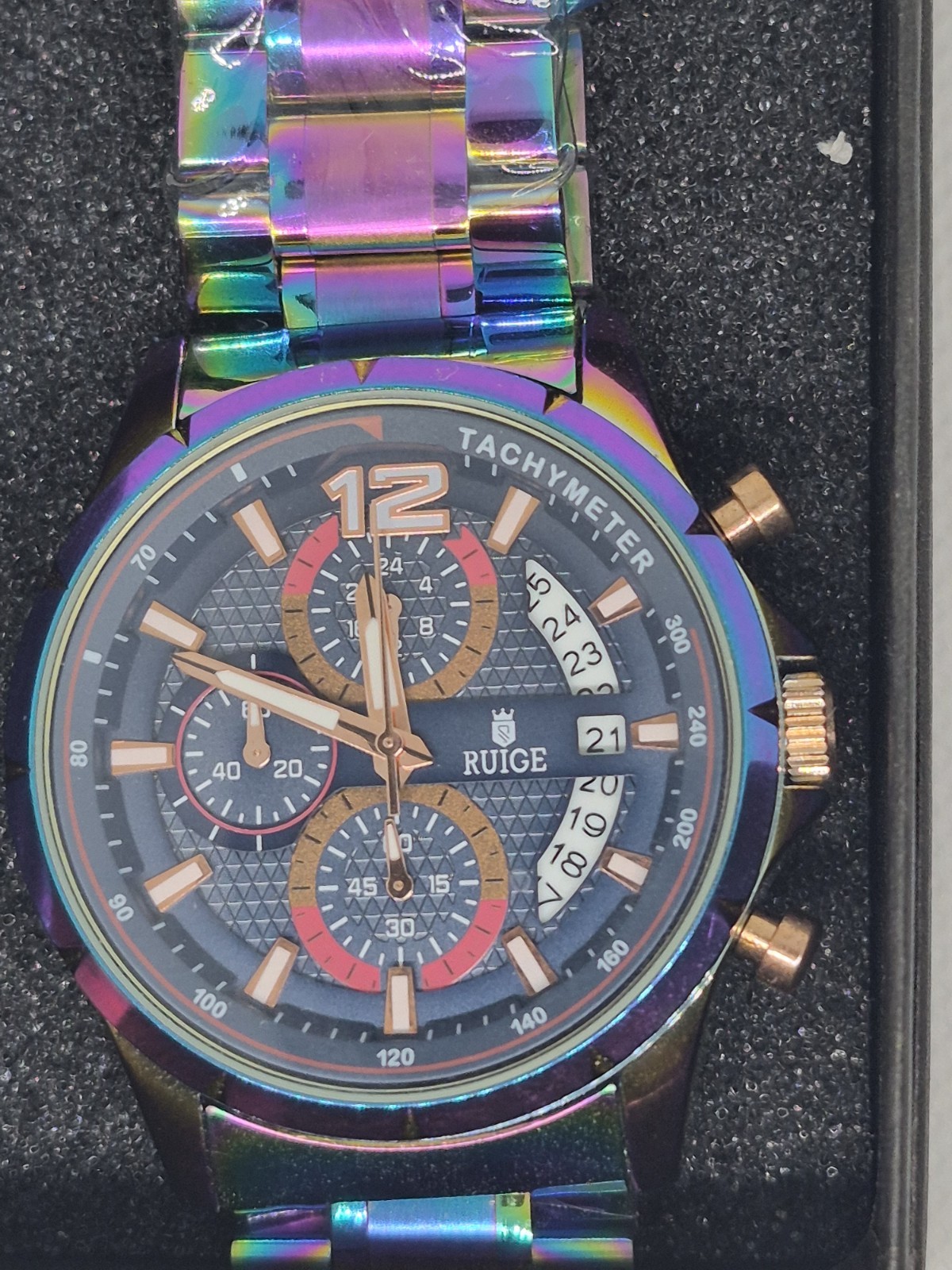 RUIGE Quartz Chronograph Tachymeter Date Watch Black Dial Multicolor Metal Box