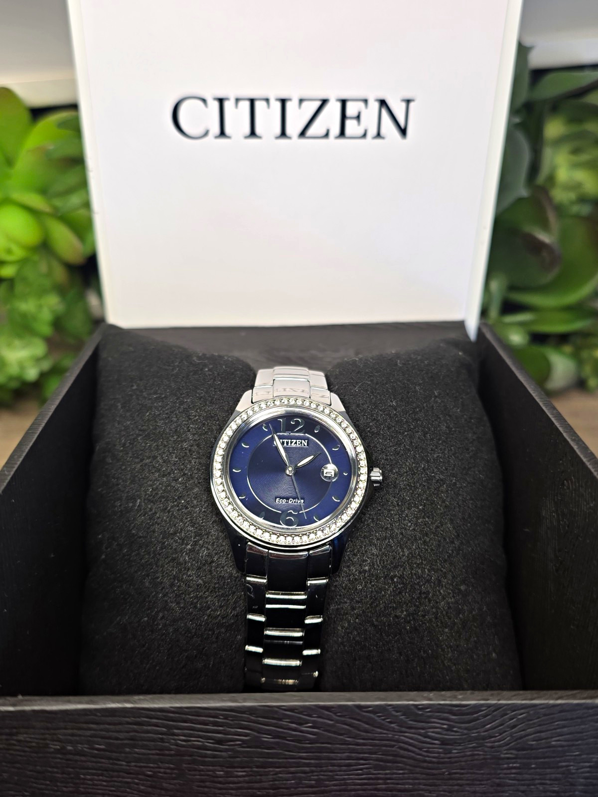Citizen Eco-Drive Silhouette Crystal Blue Dial Crystal Bezel SS Bracelet 30mm