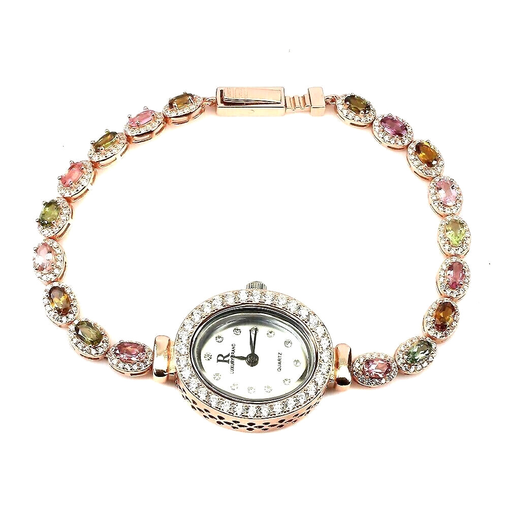Silver Watch Tourmaline Natural Mixed Colour Gems Solid Sterling 7 1/2 Inch