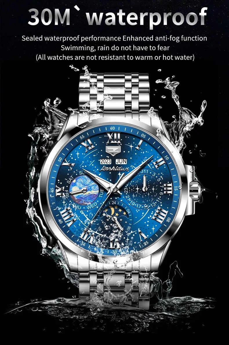 Automatic Mechanical Waterproof Luxury Watch Men Sky Moon Phase Men’s Strap