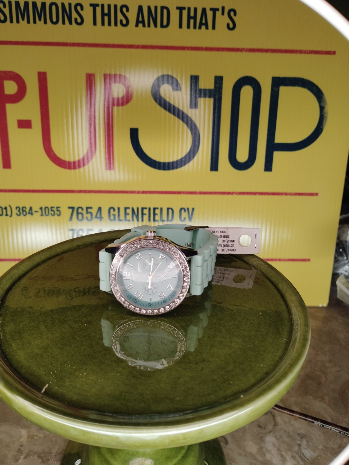 Geneva Platinum Mint Green Silicone Band Fashion Watch with Rhinestone Bezel