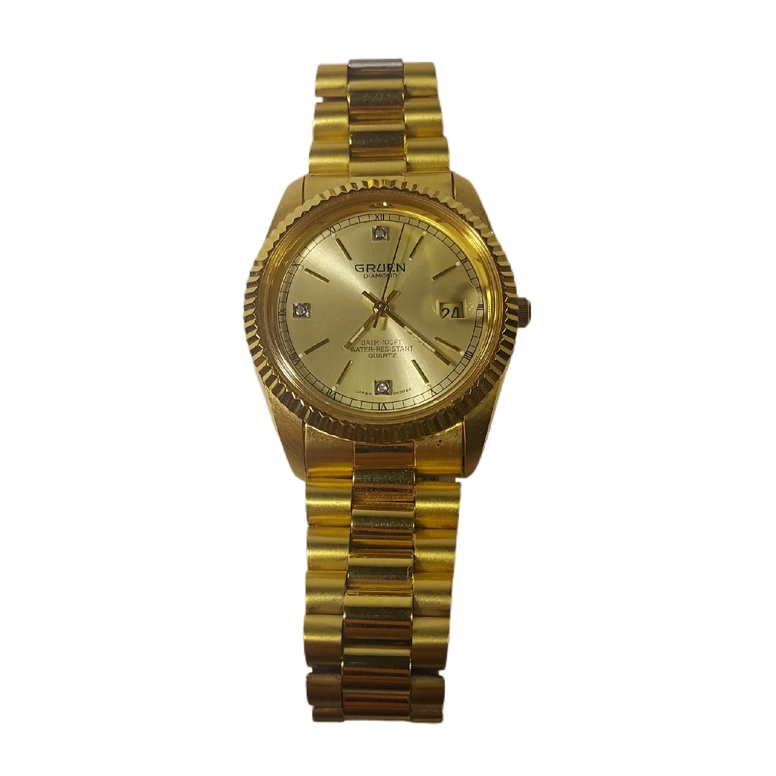 Gruen Diamond Mens Watch 3 ATM-100FT Water Resistant Quartz Japan NOT WORKING