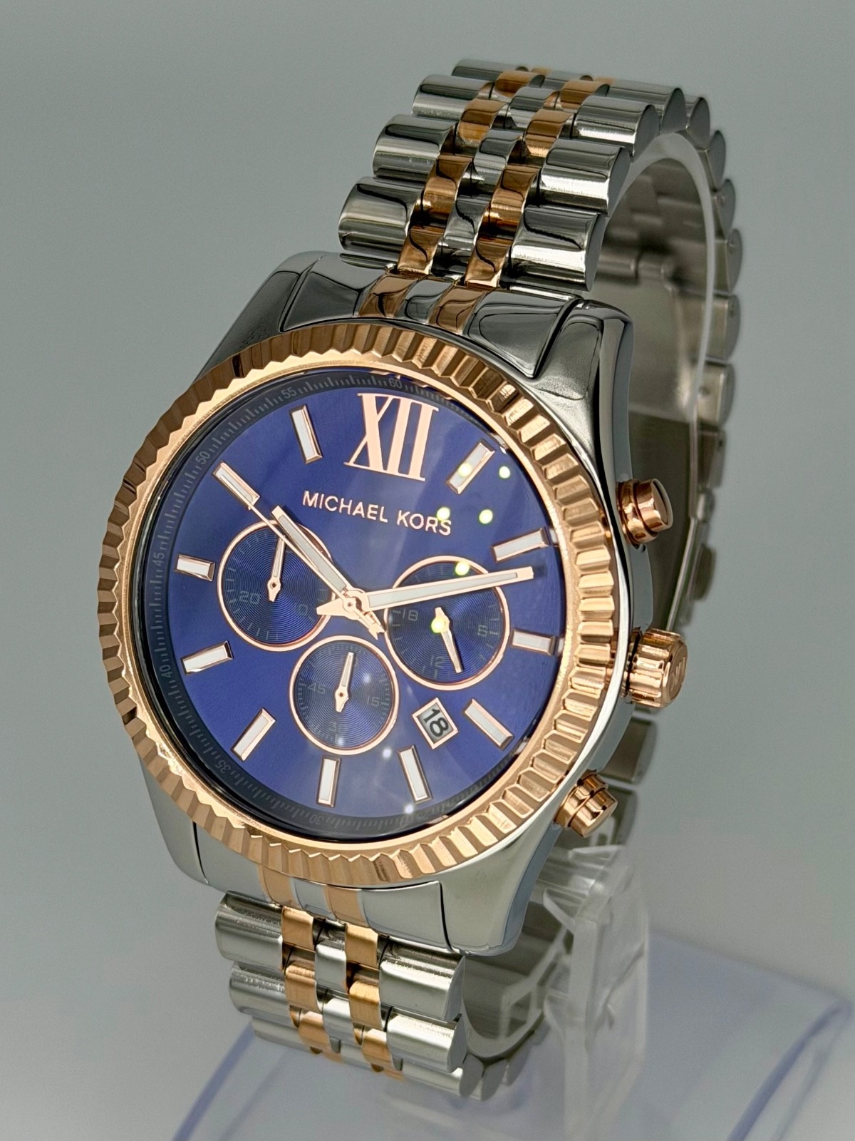 MICHAEL KORS Lexington MK8412 Silver/ Rose-Gold 45mm Blue Dial Unisex Wristwatch