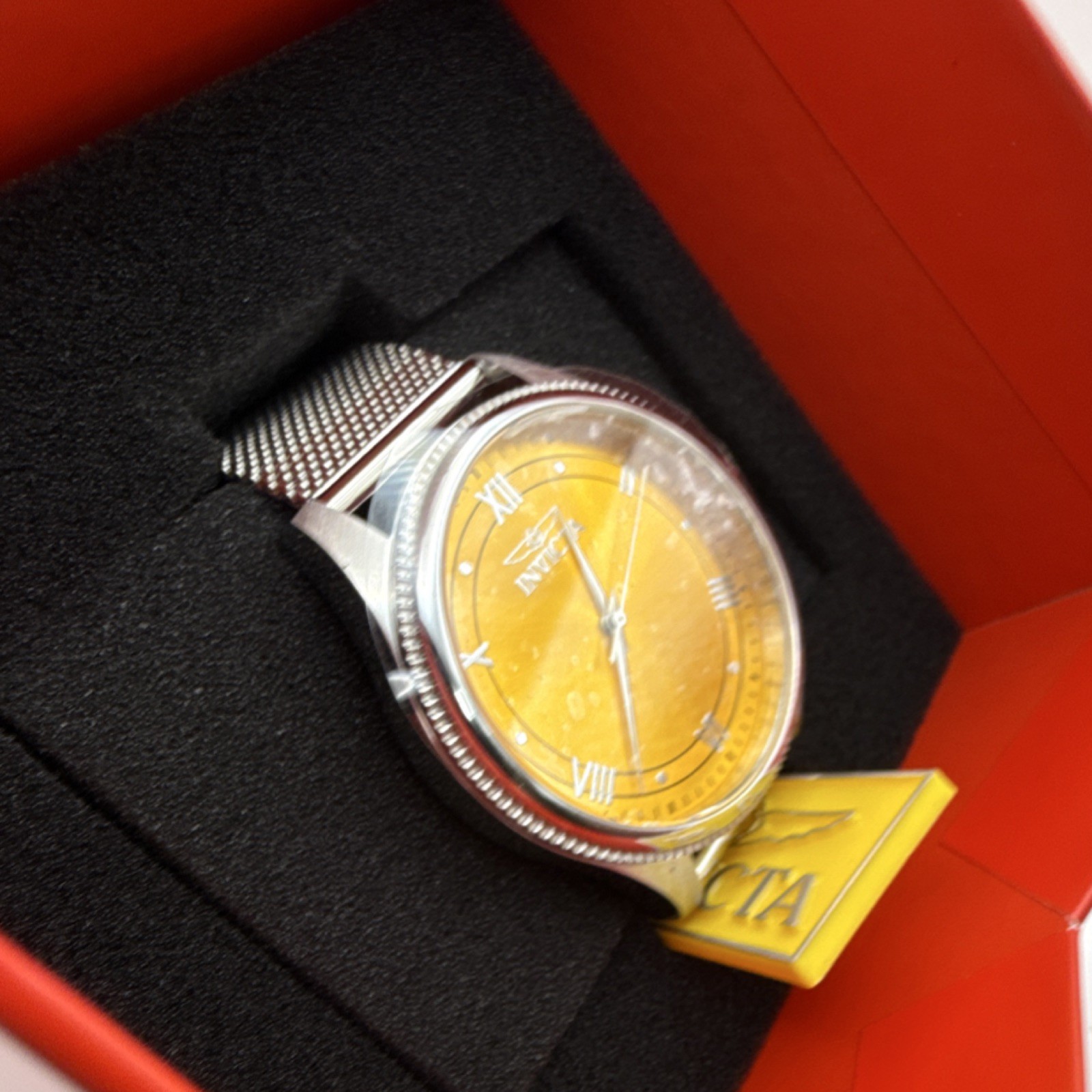 Invicta Men’s Yellow Dial Silver Mesh Band Roman Numerals Stick Indexes Watch