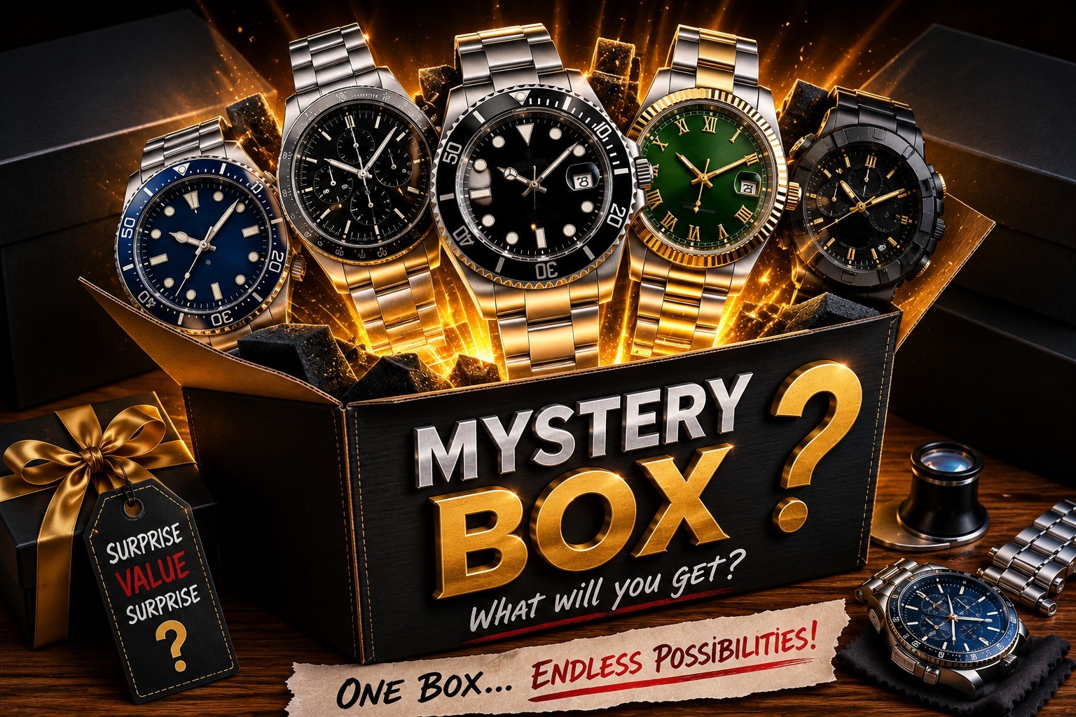 Mystery Box Unisex Quartz Wristwatch Chronograph Date Rotating Bezel