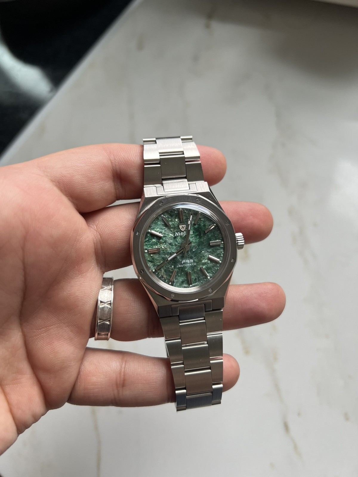 Nivada Grenchen F77 Automatic Stainless Steel Green Aventurine Dial Watch