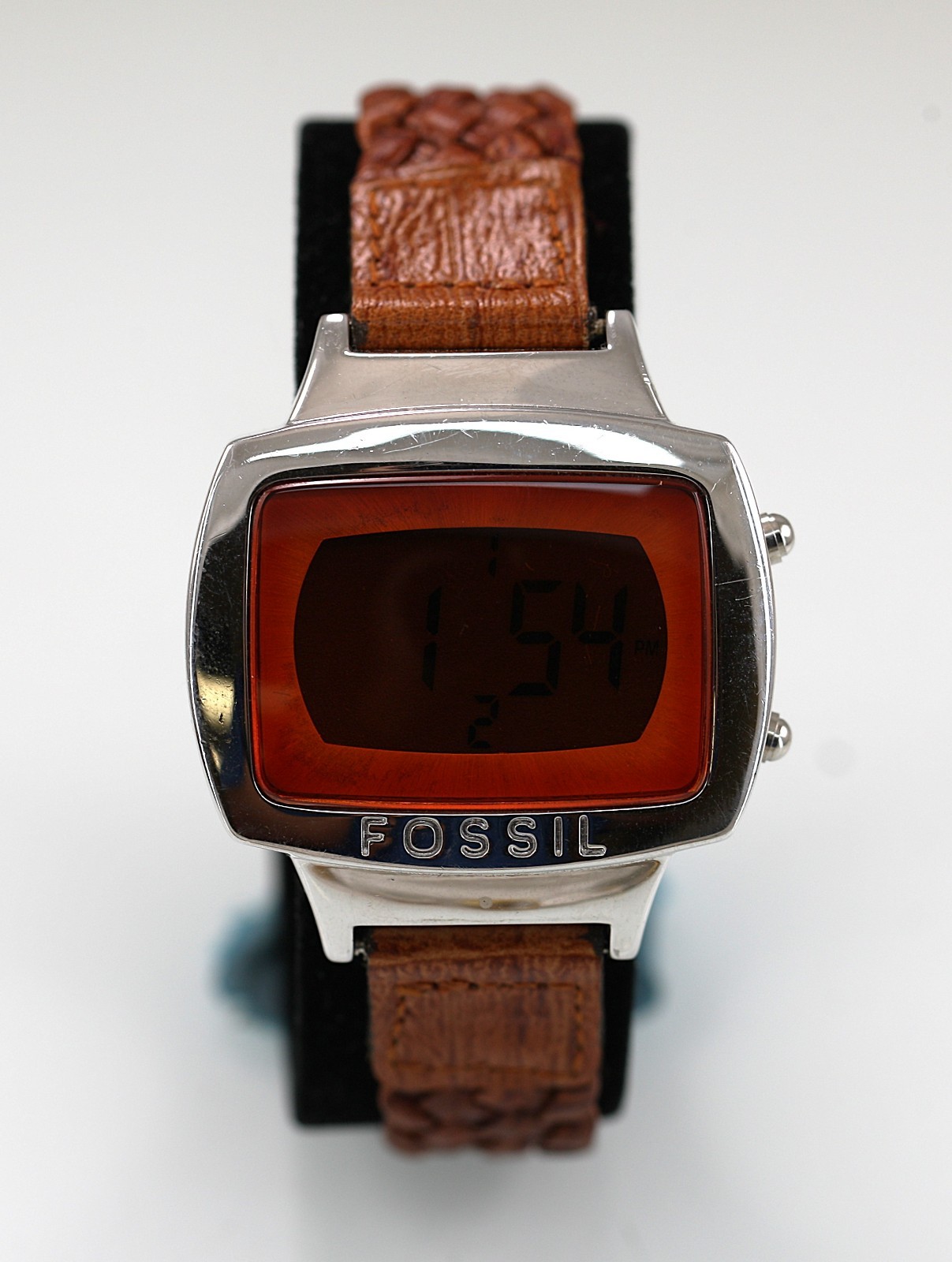 Fossil 2002 Watch Unisex Stainless WR Brown Leather Date Orange Battery Quartz