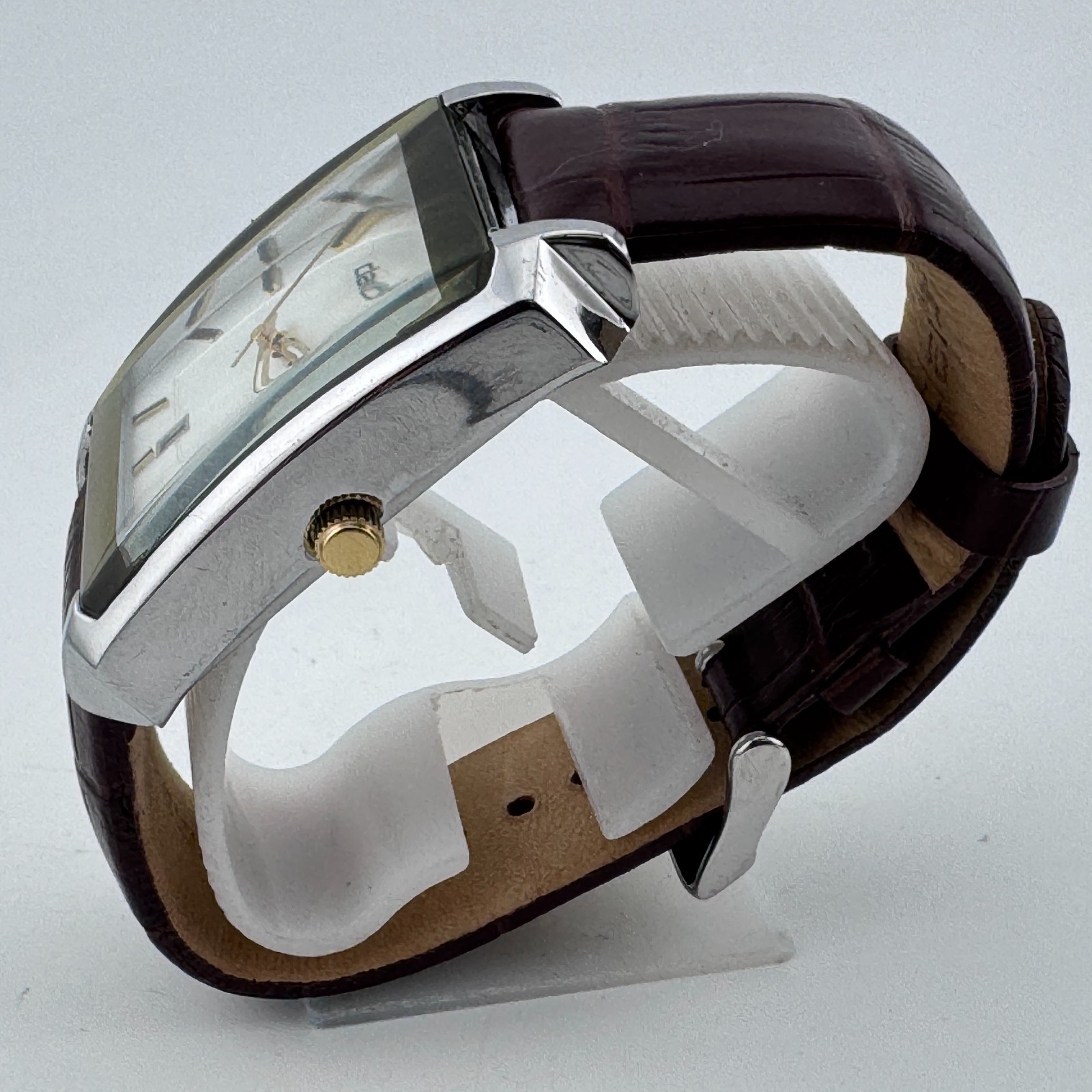 Claiborne Quartz Watch Men Silver Rectangle Date Leather Japan Analog New Batter