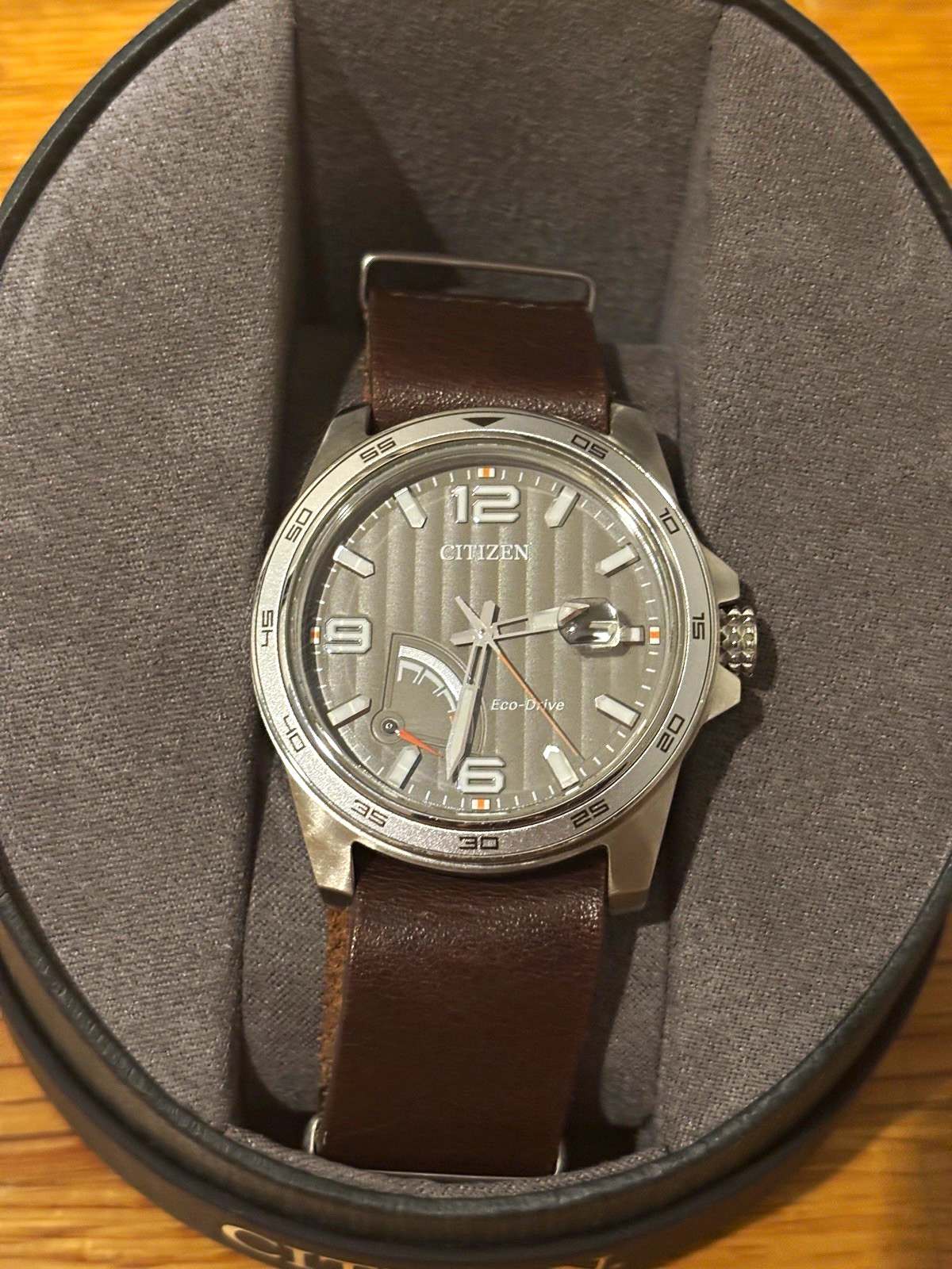 Citizen Eco-Drive Men’s Gray Dial Brown Leather Band Watch 100m w/Box Papers