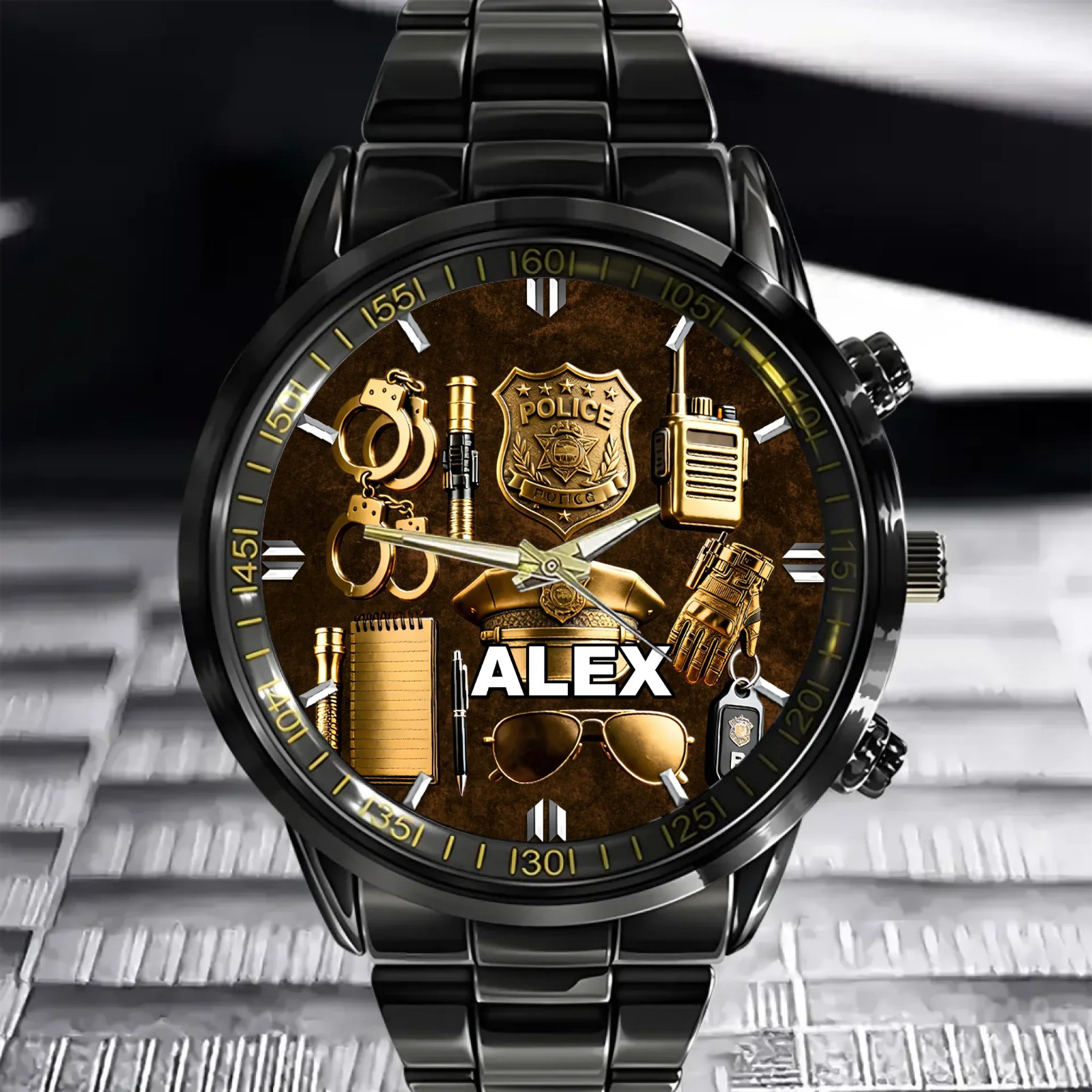 Personalized Police Department Policeman Men Black Stainless Steel Watch Gift