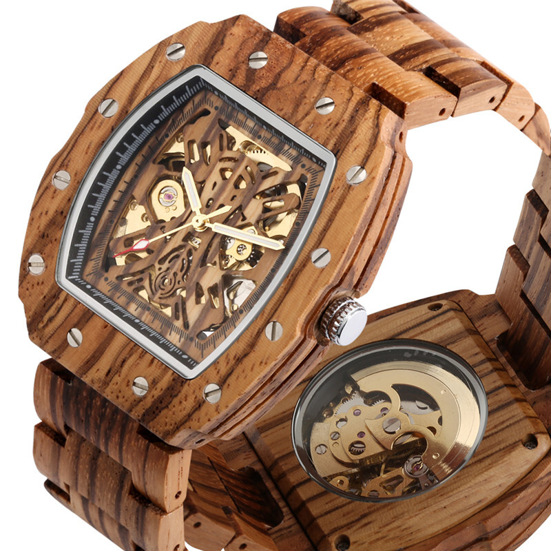 Handmade Men Watch Skeleton Automatic Mechanical Wooden Wristwatch Wood Bracelet