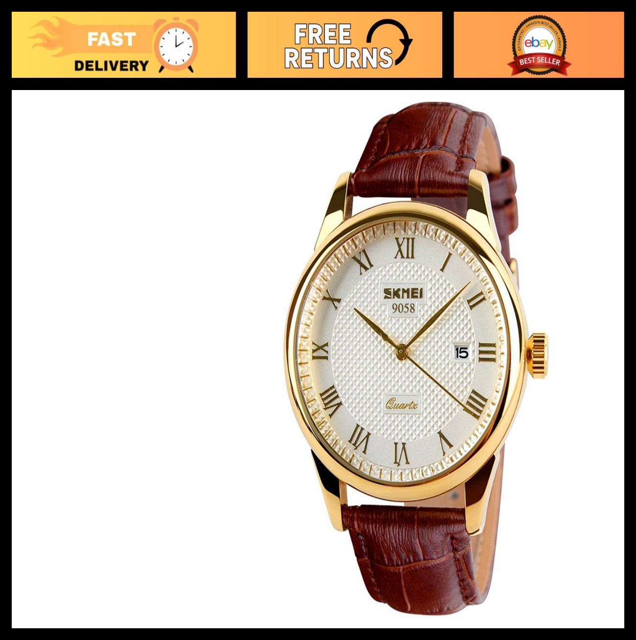 Men’s Quartz Wristwatch – Roman Numerals, Leather Band, Water Resistant, Casual