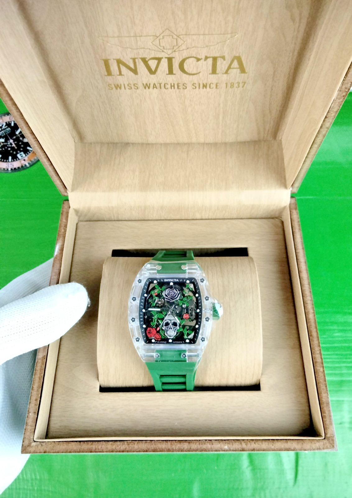 Invicta Roseskull Artist Automatic Men Watch 69497 K9 Glass Case Grn Strap WR30M