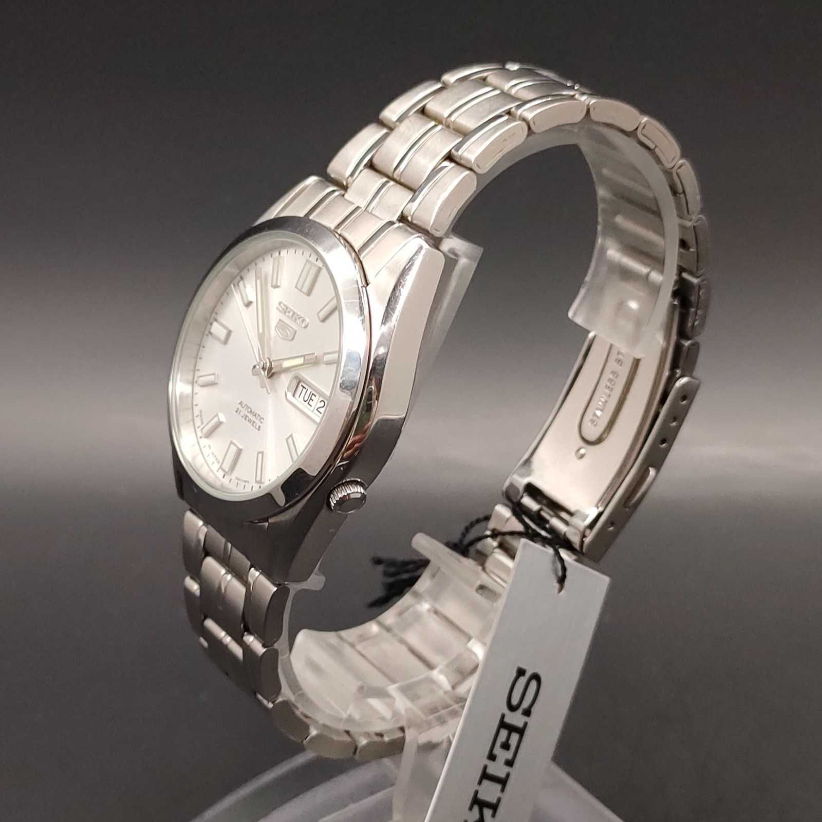 2016 NOS Seiko 5 7S26-03B0 Automatic Silver Day-Date 37mm Mens Watch JAPAN