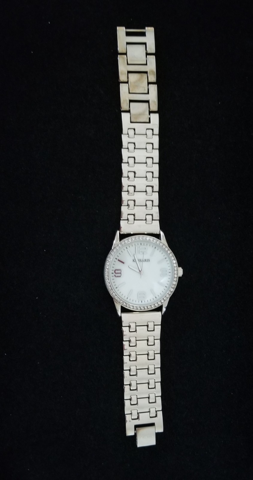 NWOT Kessaris Silver Tone Watch MOP Crystal Bezel Link Band 8″ New Battery
