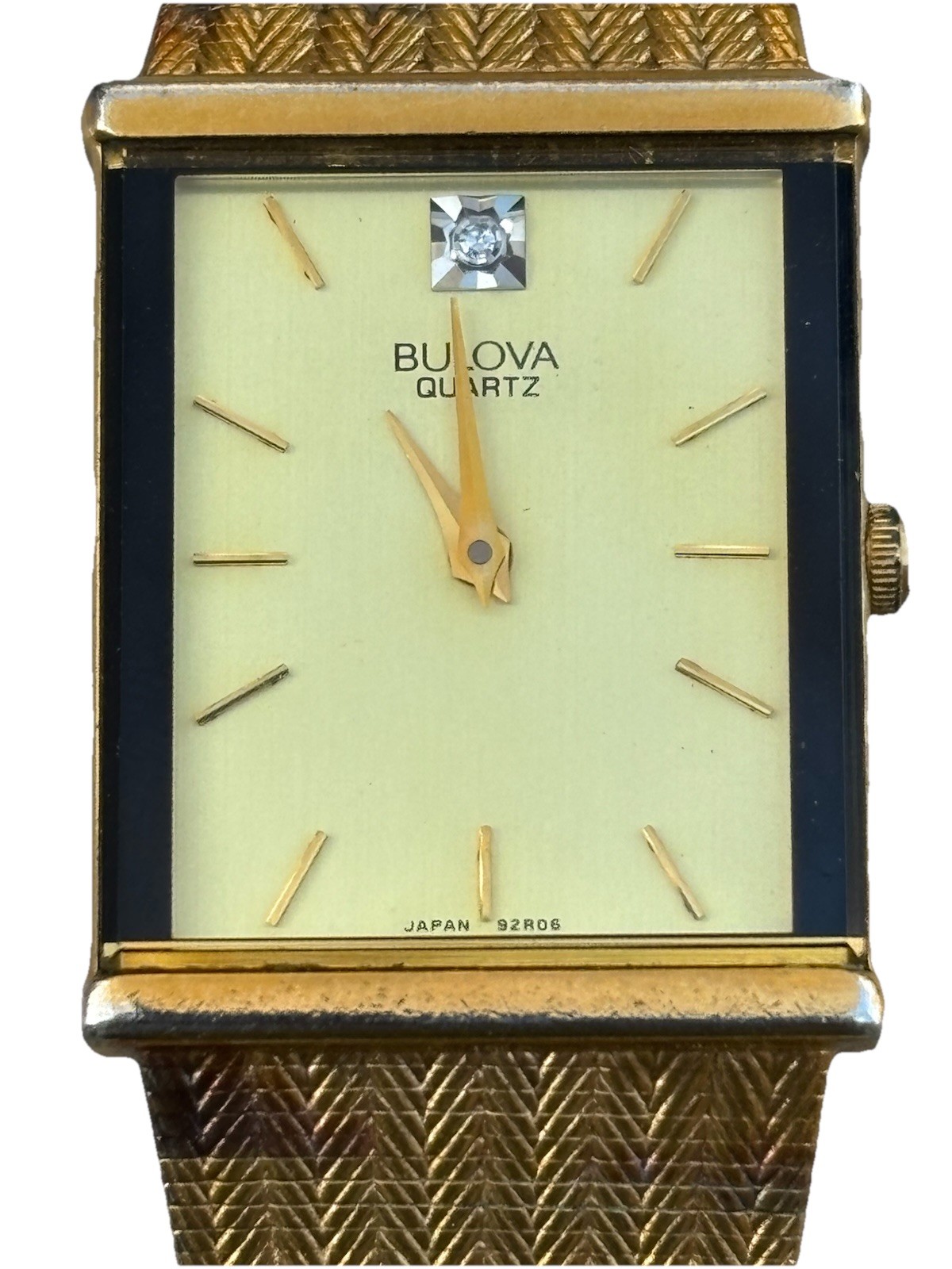 1989 BULOVA Goldtone Quartz Mens Watch 92R06 Diamond Accent Mesh Band Works Vtg