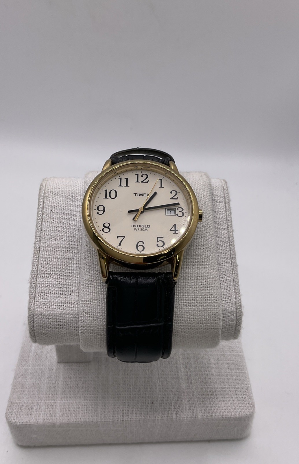 Timex Easy Reader Indiglo Gold Watch White Dial Date WR30M Black Leather Strap