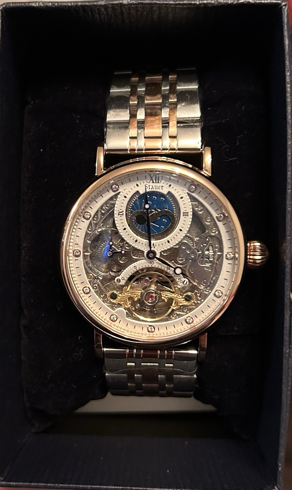 Stauer Skeleton Automatic Watch Gold/Silver Stainless Steel Band Day/Night