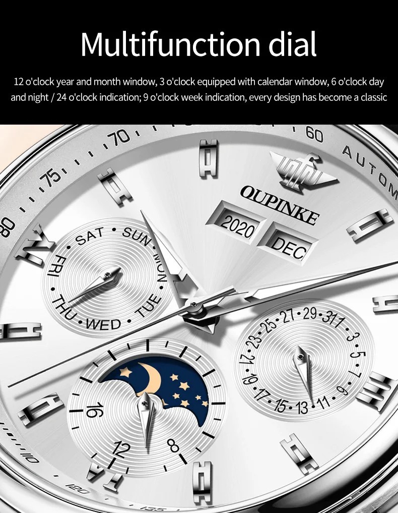Automatic Mechanical Watch Waterproof Moon Phase Luxury Dial Men Men’s Strap