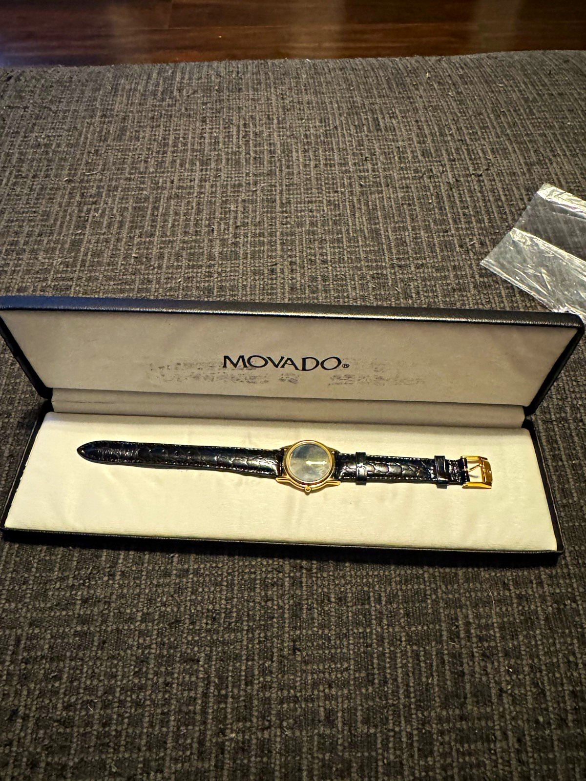 Movado Museum Watch Quartz Black Dial Gold Case Black Leather Strap 87.E4.9840
