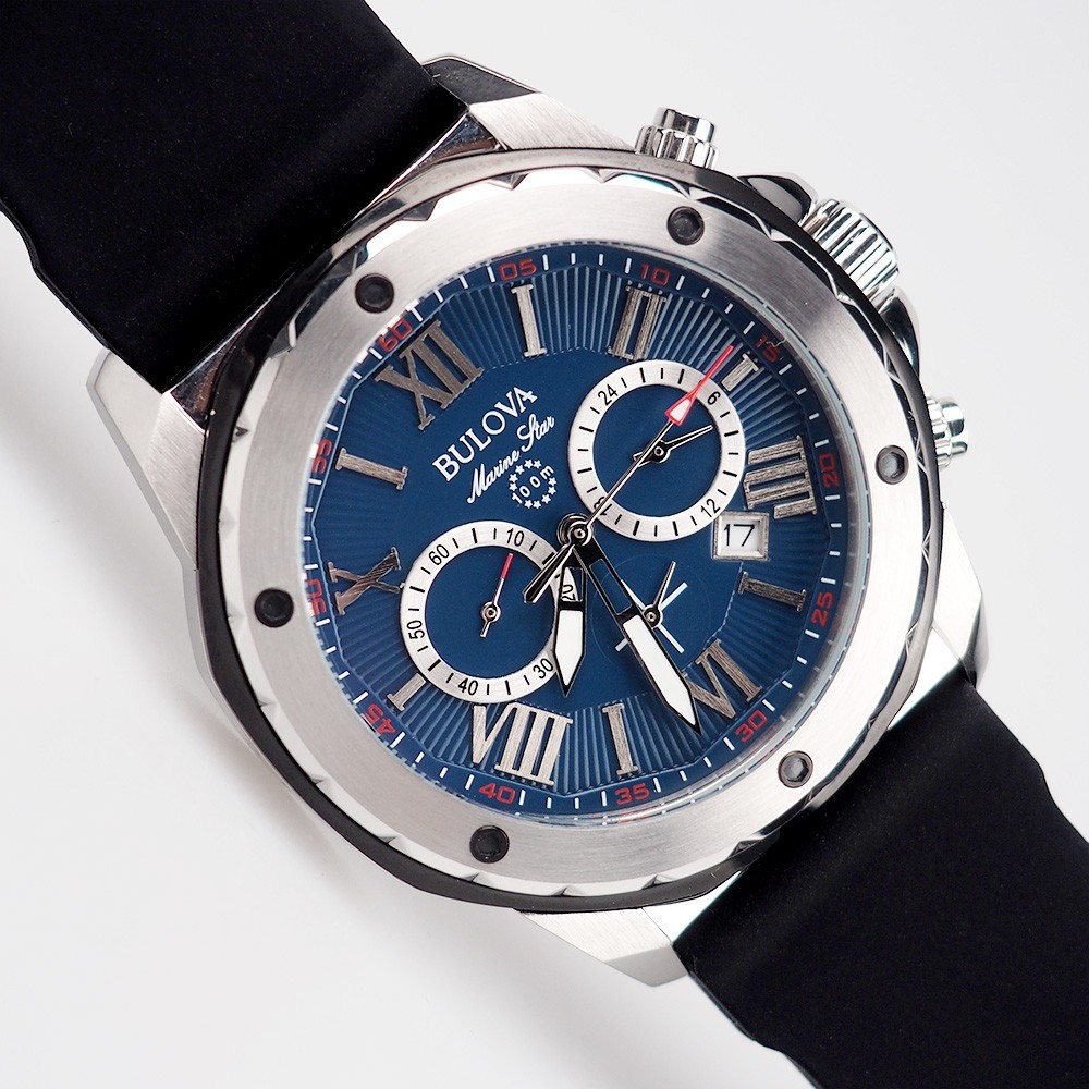 Bulova Marine Star 98B258 Blue Dial Black Rubber Strap Quartz Men’s Watch 44mm