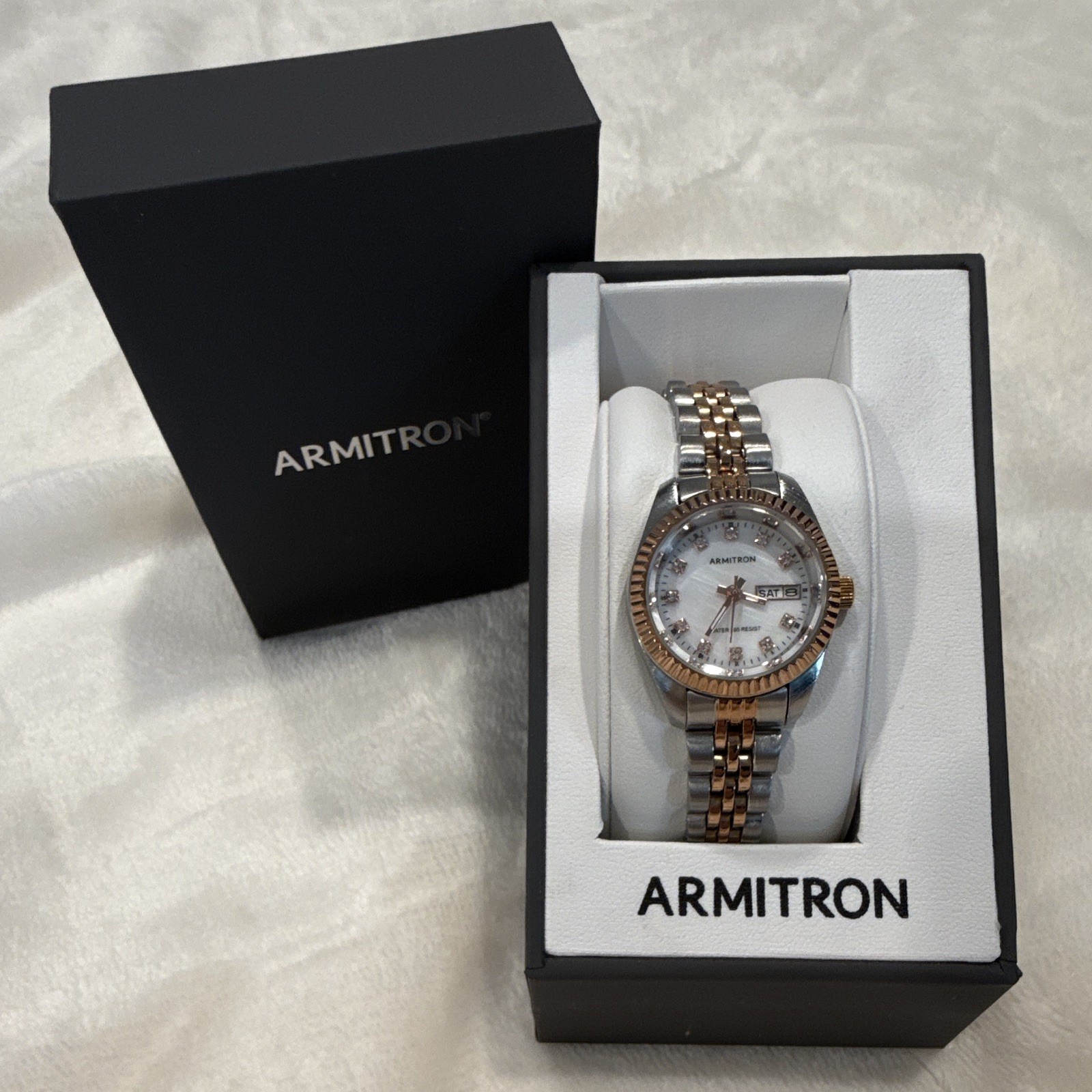 Armitron Women’s Dress Analog Quartz Day/Date Watch Two-Tone Bracelet Box