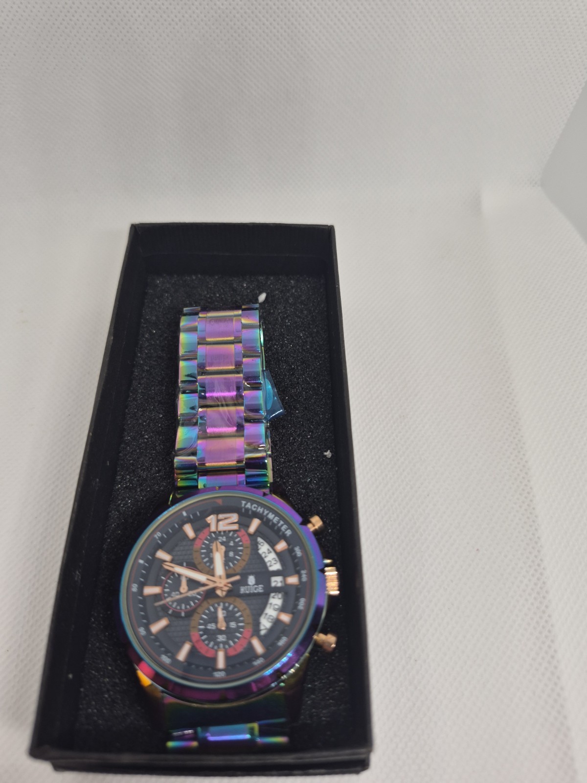RUIGE Quartz Chronograph Tachymeter Date Watch Black Dial Multicolor Metal Box
