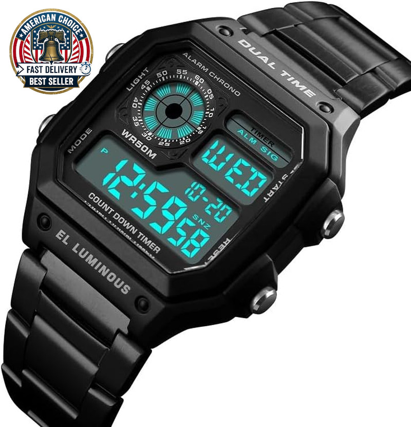Men’S Digital Multi-Function Watches Dual Time Alarm Stopwatch Countdown Backlig