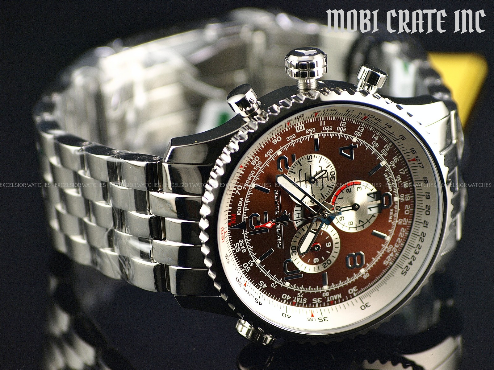NEW CHASE DURER CDW-0015 FLIGHT COMMANDER SWISS CHRONO SAPPHIRE BROWN SS WATCH