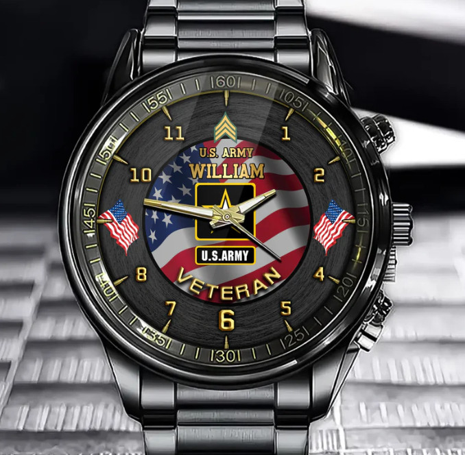 Personalized US Veteran Military Gift Black Stainless Steel Watch