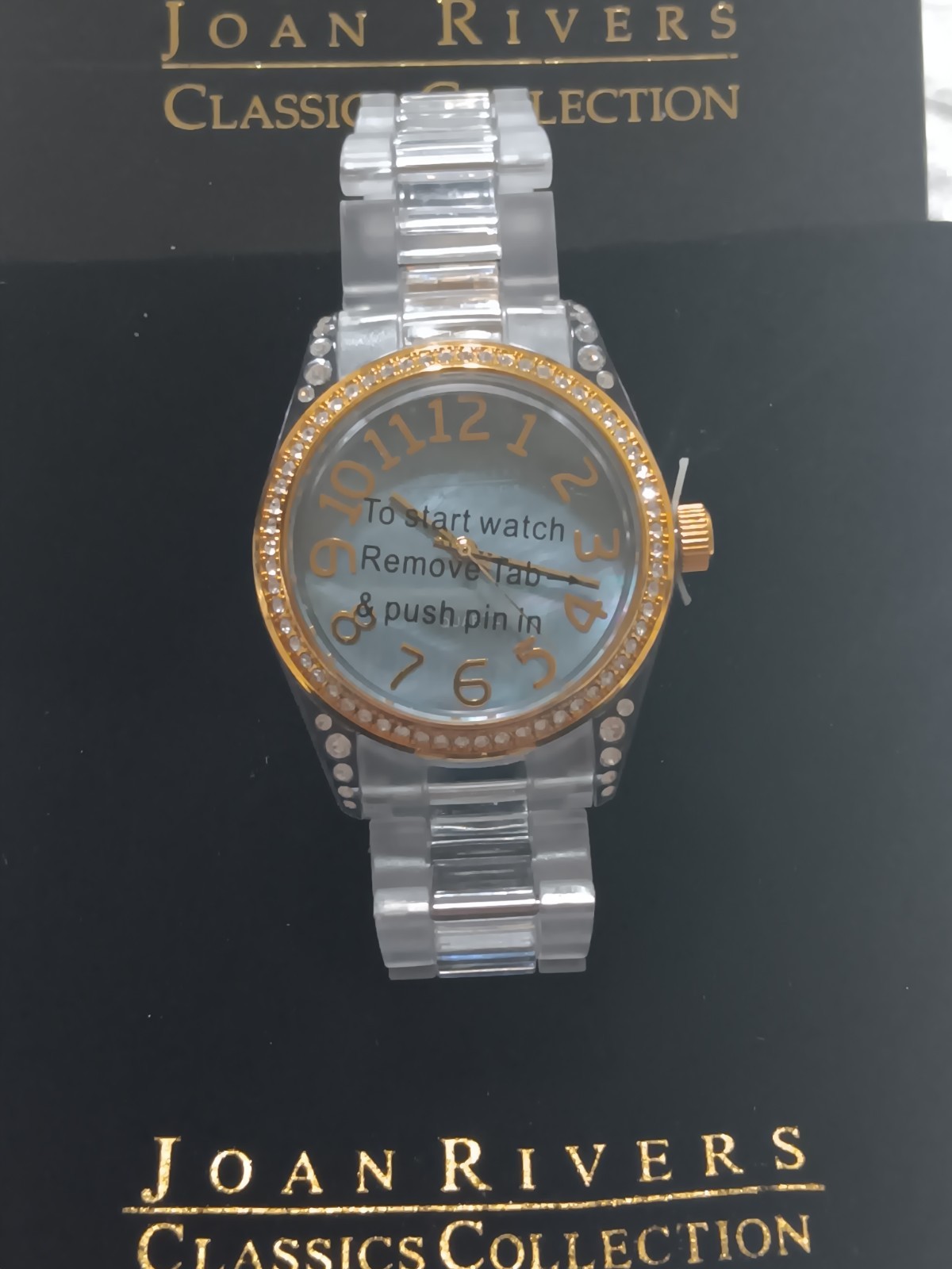 NIB Joan Rivers Classic Collection Clear Acrylic Crystal Watch Blue MOP working