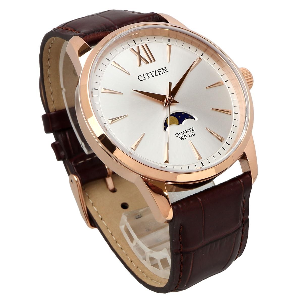 CITIZEN 50M waterproof Moon Phase Leather Belt AK5003-05A brown gold
