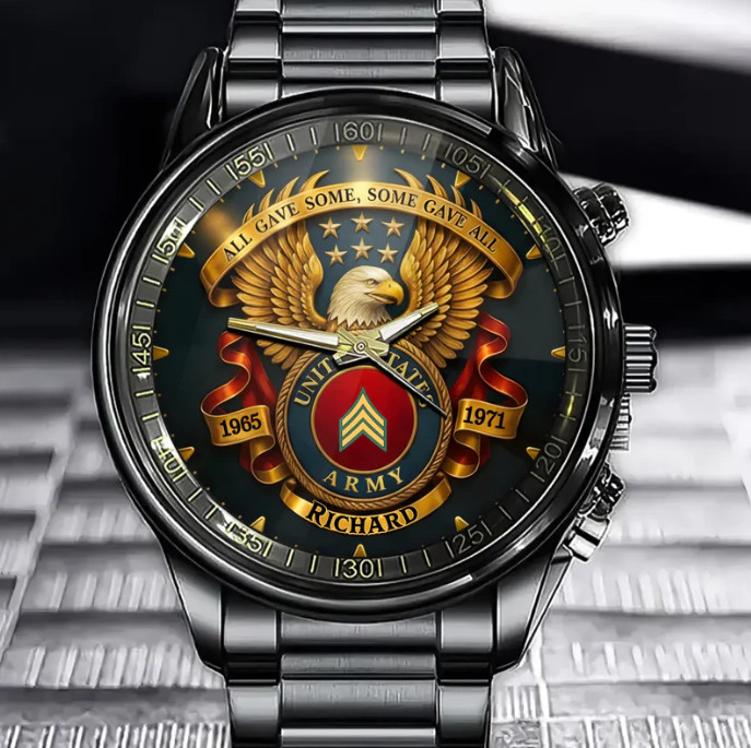 Personalized Veterans Tribute Military Eagle Gift Black Stainless Steel Watch
