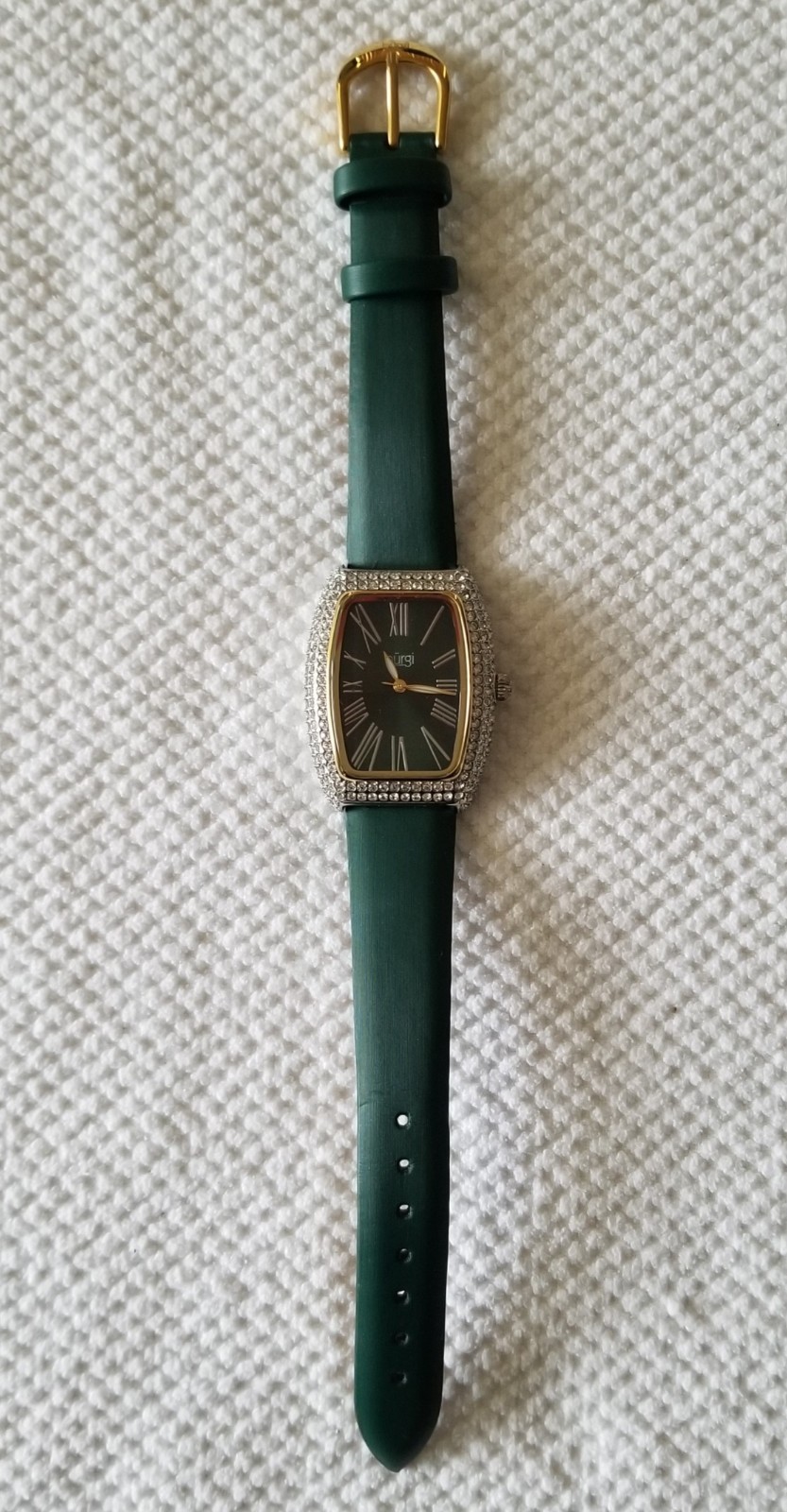 Burgi Two Tone Watch Pave Bezel Green Dial & Leather Band 6″-7″ New Battery
