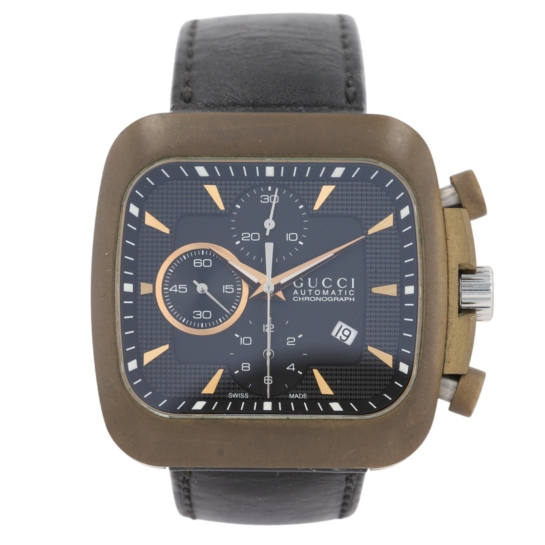 Gucci G-Coupe Black Dial Automatic Chronograph Leather Strap Men’s Wristwatch