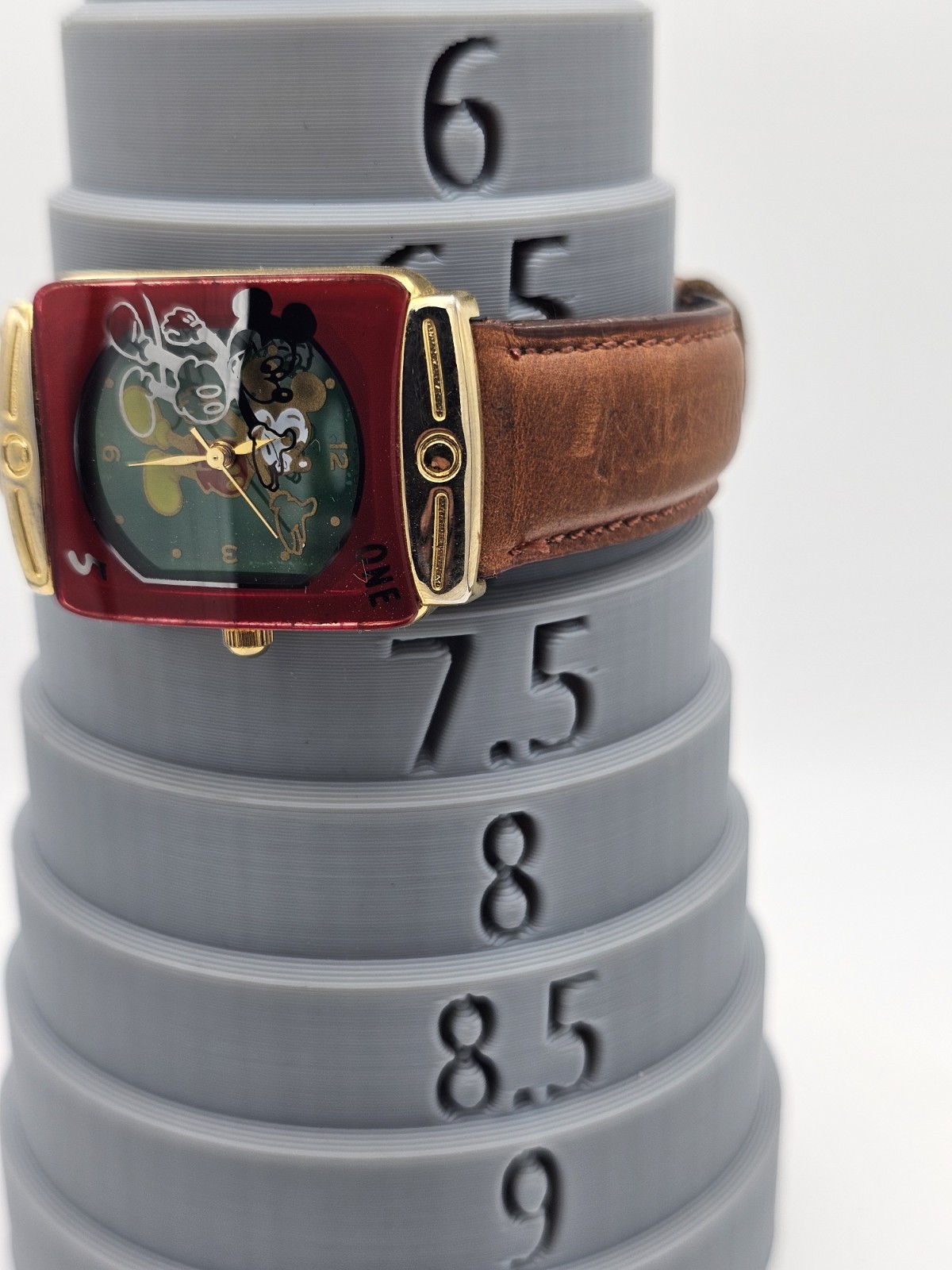Disney Mickey Mouse Quartz Rectangle Red/Gold Tone Case Brown Leather Strap 25mm