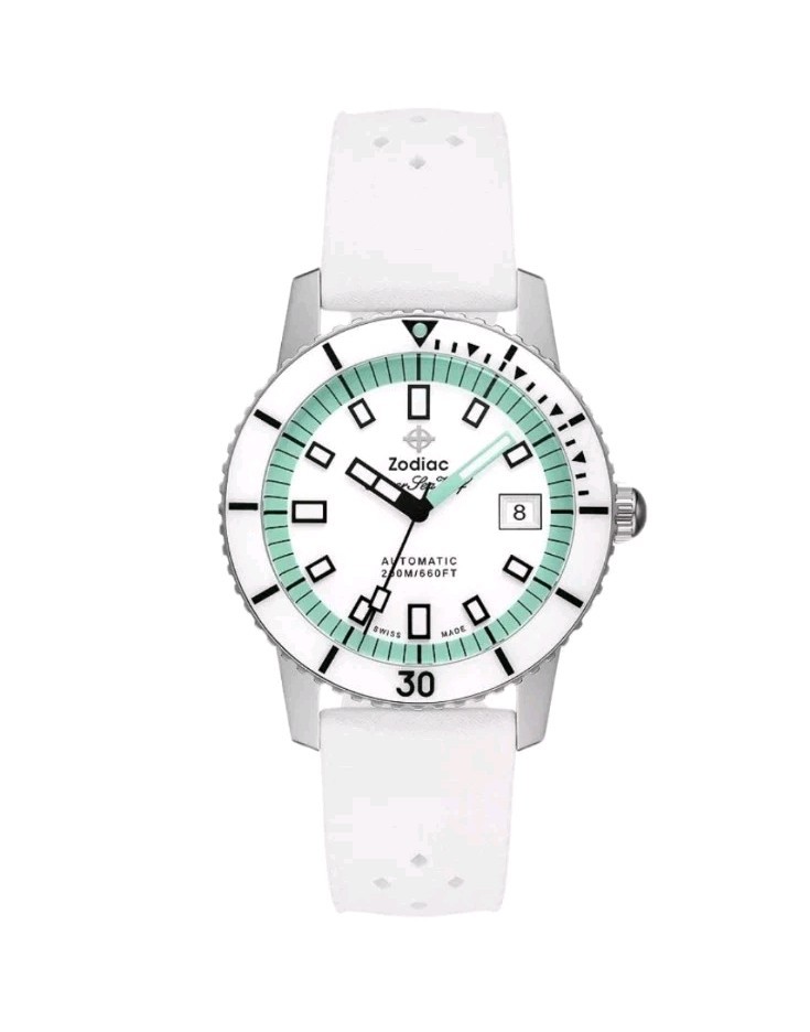 Zodiac Super Sea Wolf Diver Automatic White Teal Dial Rubber Watch ZO9309 $1589