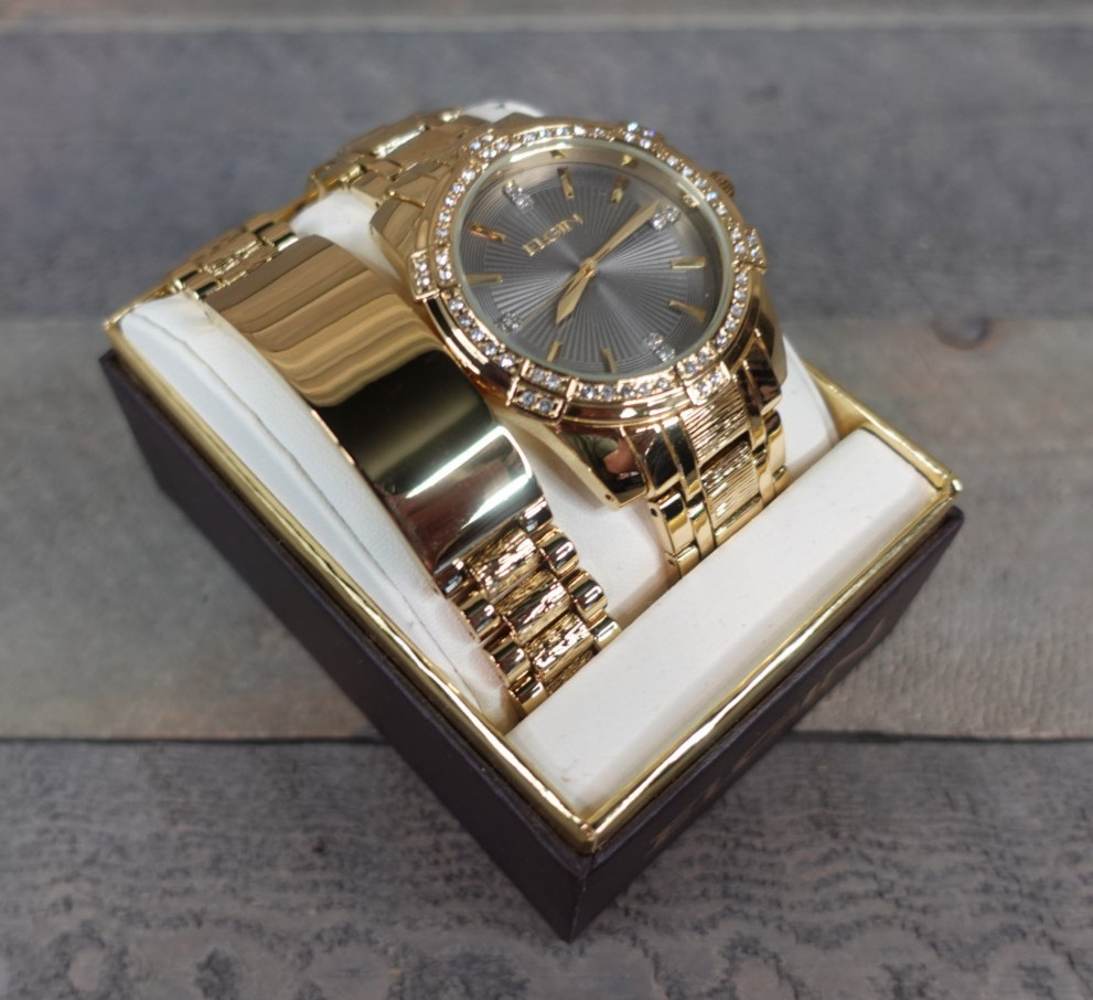 Elgin Men’s Watch & Bracelet Set – Gold Tone – FG10009ST – NEW – Needs Battery
