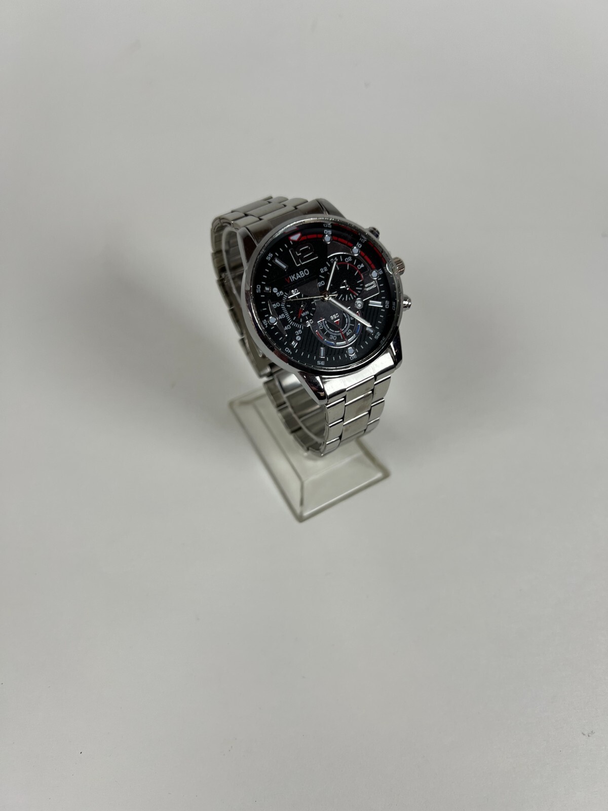 VIKABO Silver Band Black Chronograph Face Red/White Details Watch NEW