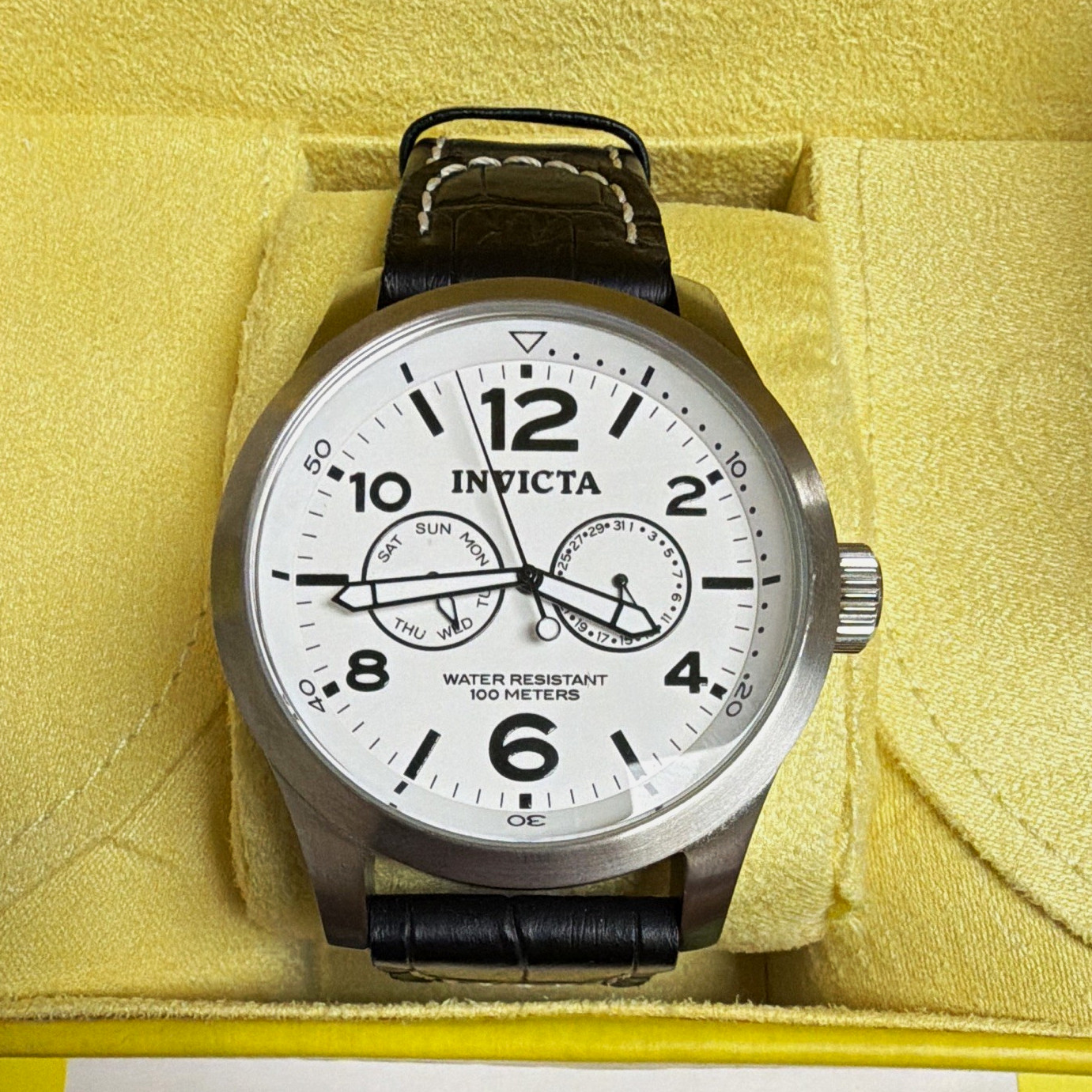 Invicta Men’s Quartz Analog 44mm White Dial Black Leather Strap Day/Date 100m