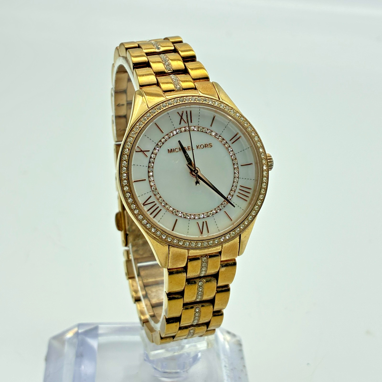 Michael Kors Watch Womens White Dial Crystal Bezel Gold Bracelet MK-3716 Quartz