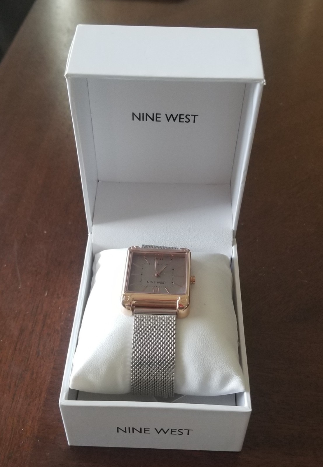 NIB Nine West Two Tone Silver/Rose Watch NW/2091 Mesh Band 7.25″ Max Sz. New Bat