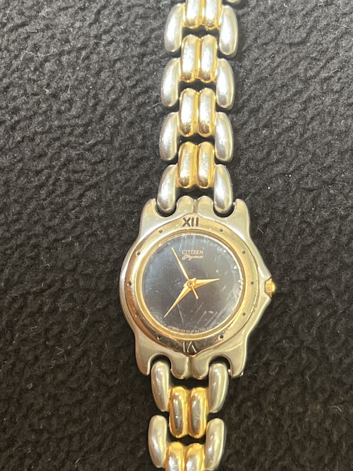 citizen elegance ladies watch, Plain Black Face Two Tone Stainless Steel Band.