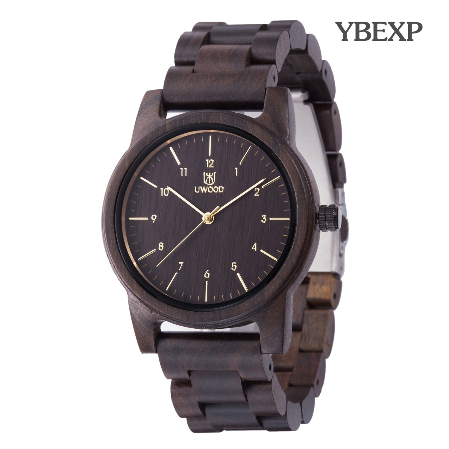 UWOOD Mens Black Wooden Watch Natural Solid Wood Wristwatch for Christmas Gift