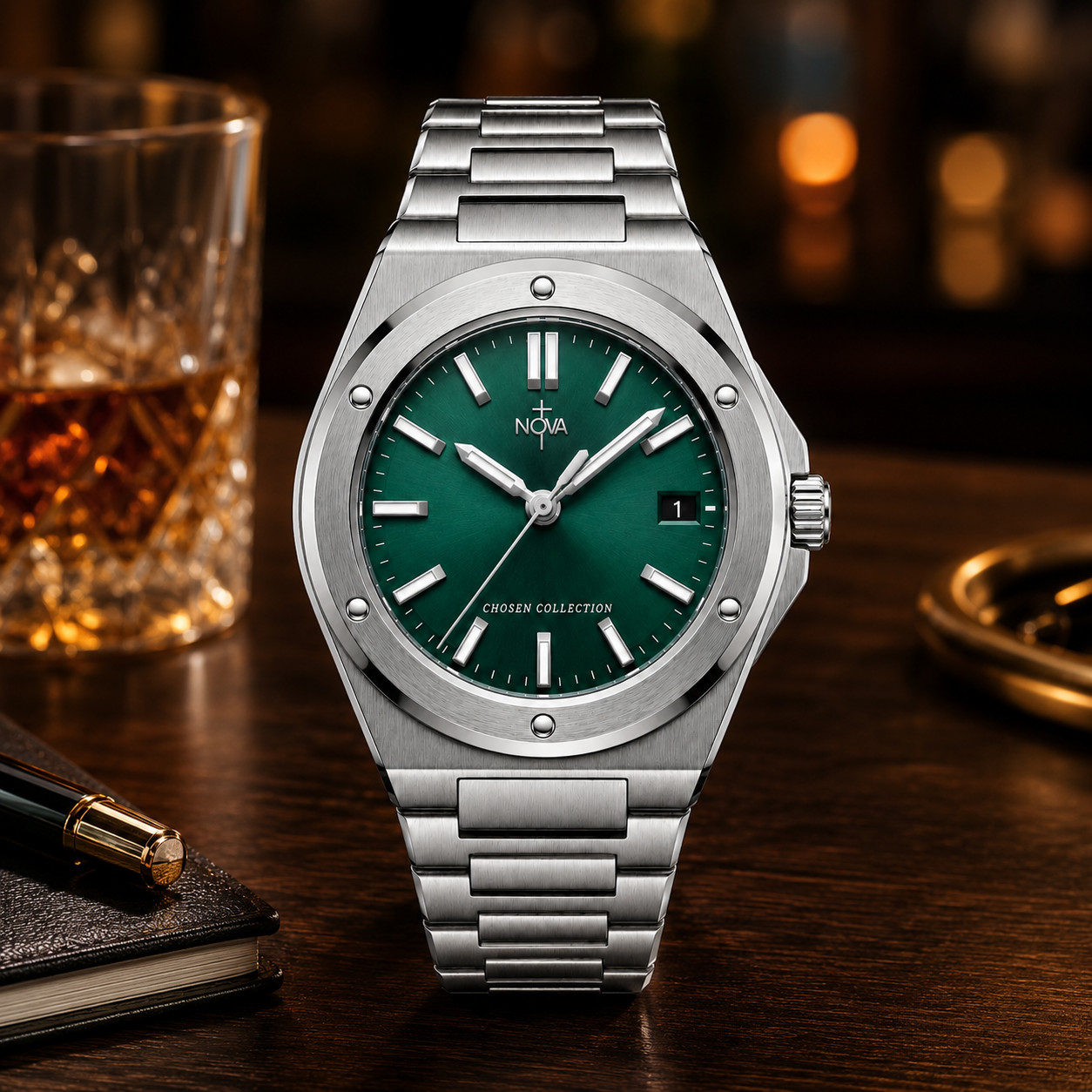 Nova Christian Chosen Custom Watch Green Dial Steel Bracelet Date