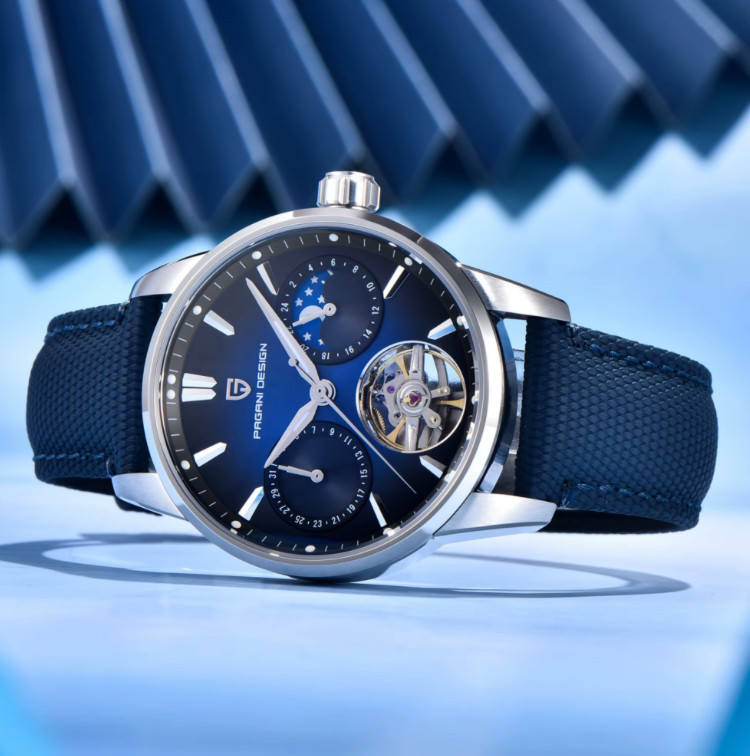 Men’s Automatic Watch Sapphire Crystal Moon Phase Stainless Steel Leather 100M