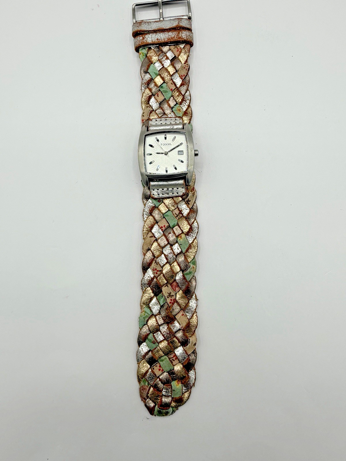 VTG Fossil Watch Braided Leather Cuff with Multiple Colors Wide Band